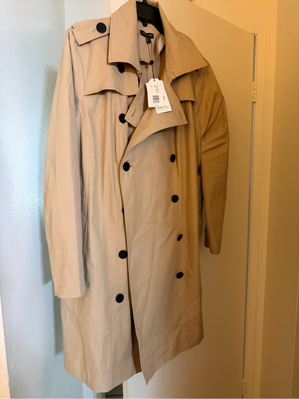 Universal Standard Beige Double-Breasted Trench Coat with Black Buttons